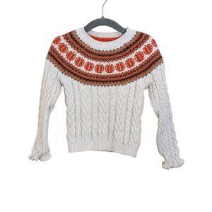 Cynthia Rowley Girls XS 4 Sweater Pumpkin Print Beige Cable Knit Sparkle Ruffle